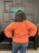 split v-neck blouse, textured top, balloon sleeve blouse, scalloped hem shirt, dressy casual top, boutique blouse, relaxed fit top, women’s fall blouse, elegant everyday top, work to weekend blouse