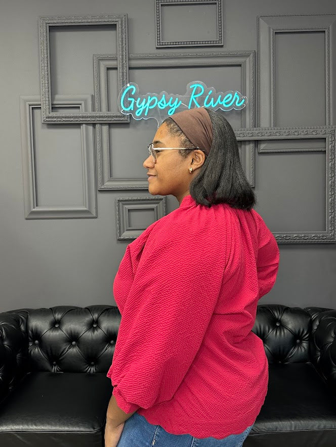 split v-neck blouse, textured top, balloon sleeve blouse, scalloped hem shirt, dressy casual top, boutique blouse, relaxed fit top, women’s fall blouse, elegant everyday top, work to weekend blouse