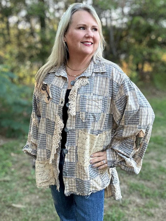 Vintage Blue Plaid Crochet Patchwork Button-Up Top