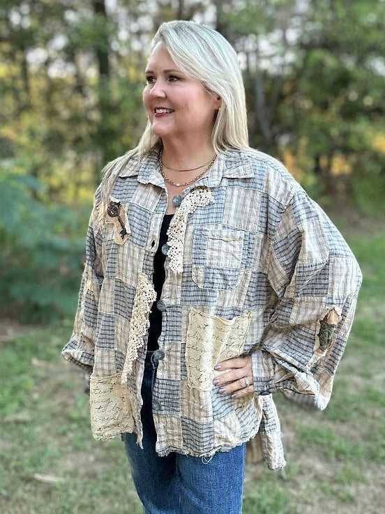 Vintage Blue Plaid Crochet Patchwork Button-Up Top