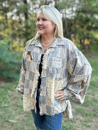 Vintage Blue Plaid Crochet Patchwork Button-Up Top