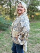 Vintage Blue Plaid Crochet Patchwork Button-Up Top