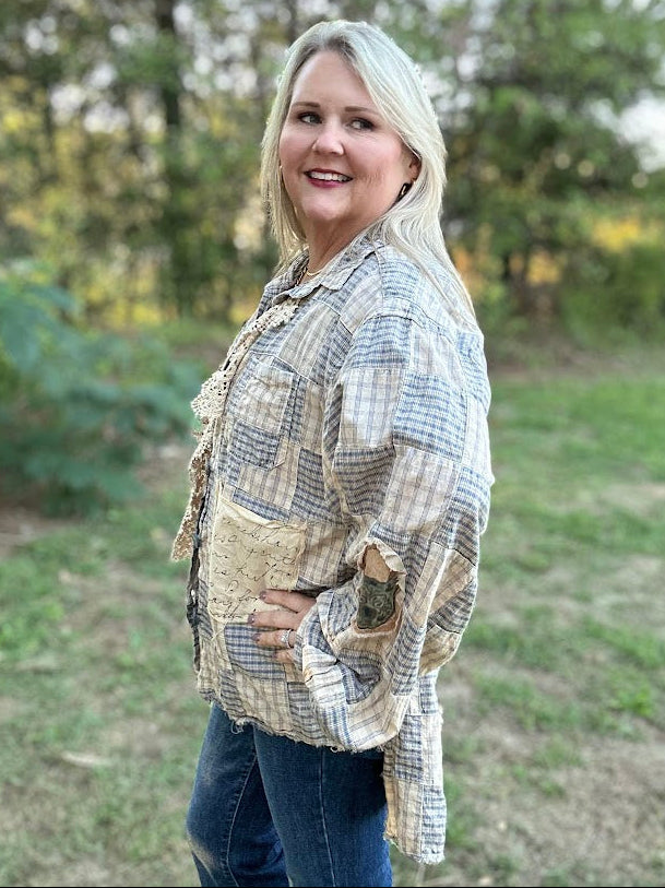 Vintage Blue Plaid Crochet Patchwork Button-Up Top