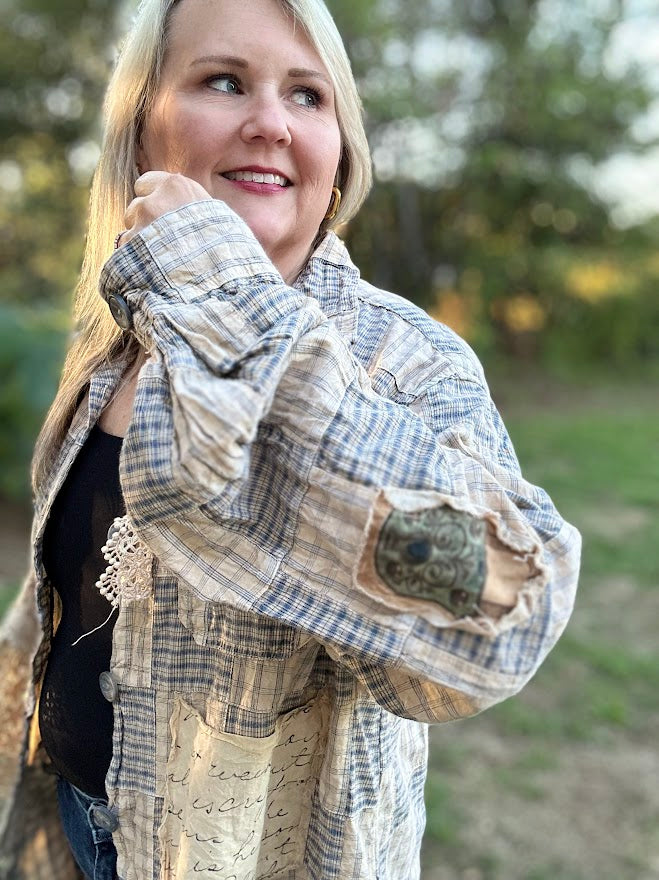 Vintage Blue Plaid Crochet Patchwork Button-Up Top