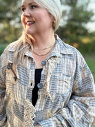 Vintage Blue Plaid Crochet Patchwork Button-Up Top