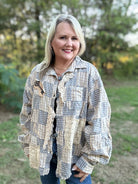 Vintage Blue Plaid Crochet Patchwork Button-Up Top