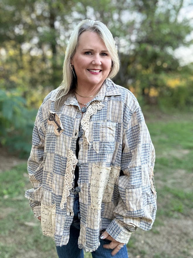 Vintage Blue Plaid Crochet Patchwork Button-Up Top