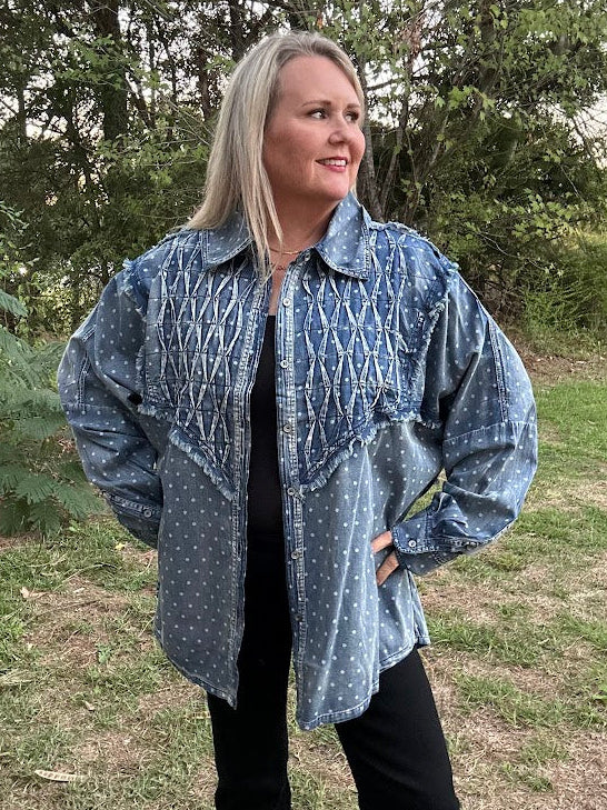 Vintage Polka Dot Denim Shirt with Textured Stitching