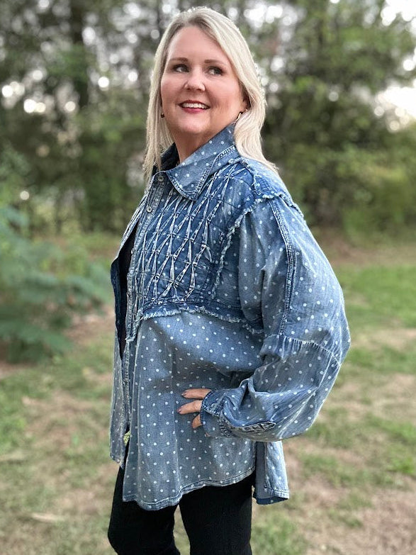 Vintage Polka Dot Denim Shirt with Textured Stitching