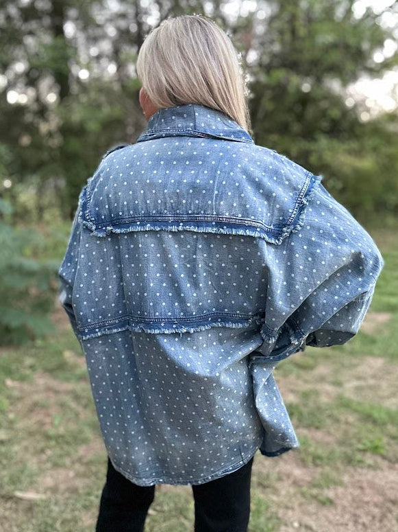 Vintage Polka Dot Denim Shirt with Textured Stitching