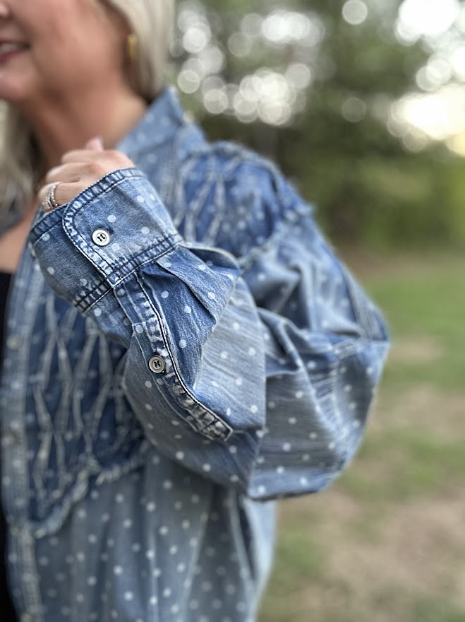 Vintage Polka Dot Denim Shirt with Textured Stitching