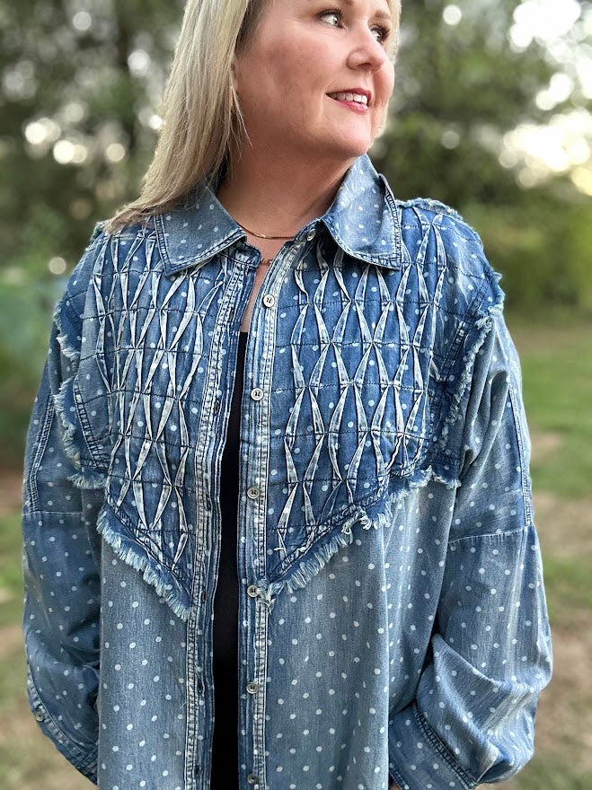 Vintage Polka Dot Denim Shirt with Textured Stitching