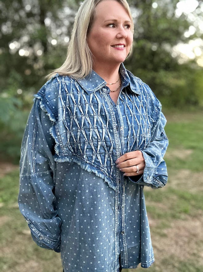 Vintage Polka Dot Denim Shirt with Textured Stitching