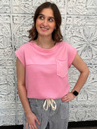 white waffle knit top, pink waffle knit top, colorblock cap sleeve shirt, textured cotton blend top, boutique casual top, lightweight summer top