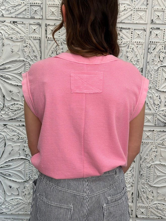 white waffle knit top, pink waffle knit top, colorblock cap sleeve shirt, textured cotton blend top, boutique casual top, lightweight summer top