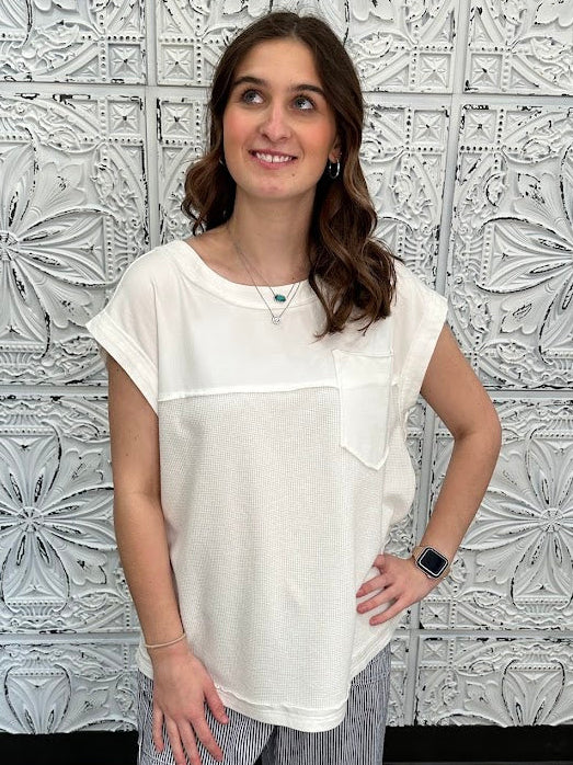 white waffle knit top, pink waffle knit top, colorblock cap sleeve shirt, textured cotton blend top, boutique casual top, lightweight summer top