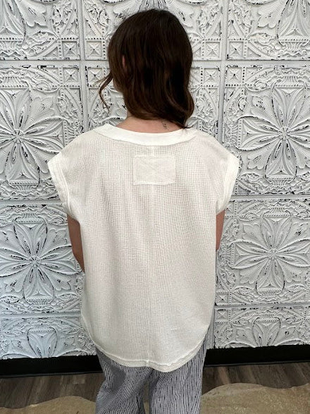 white waffle knit top, pink waffle knit top, colorblock cap sleeve shirt, textured cotton blend top, boutique casual top, lightweight summer top