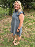 Washed Chambray Ruffle Sleeve Button Down Mini Dress