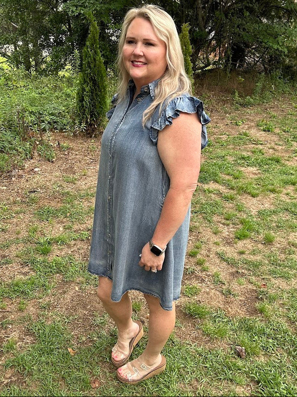 Washed Chambray Ruffle Sleeve Button Down Mini Dress