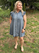 Washed Chambray Ruffle Sleeve Button Down Mini Dress