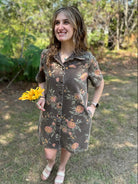 Washed Floral Denim Button-Down Dress