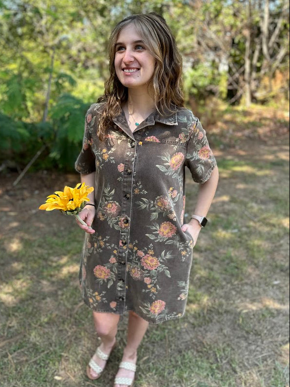 Washed Floral Denim Button-Down Dress