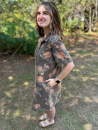 Washed Floral Denim Button-Down Dress