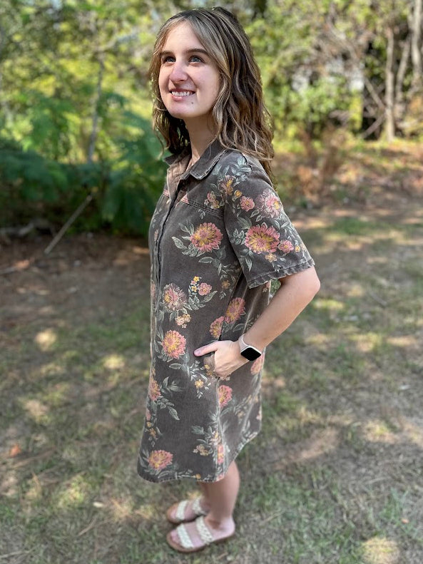 Washed Floral Denim Button-Down Dress