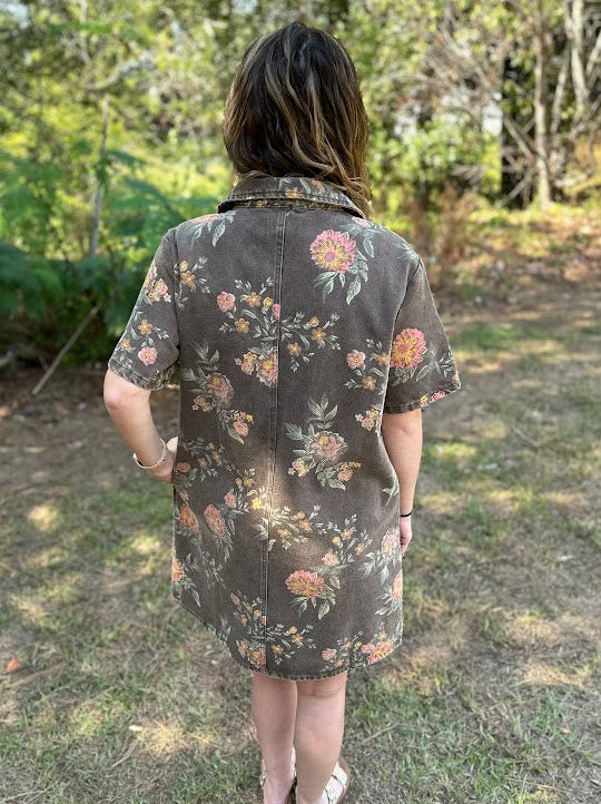 Washed Floral Denim Button-Down Dress