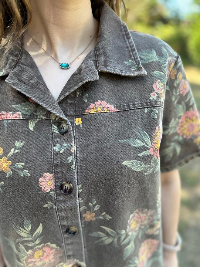 Washed Floral Denim Button-Down Dress