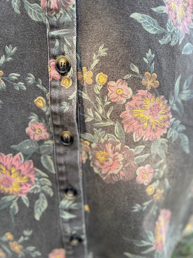 Washed Floral Denim Button-Down Dress