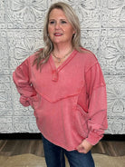 Washed V-Neck Terry Pullover with Pockets