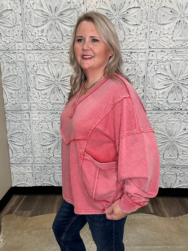 Washed V-Neck Terry Pullover with Pockets