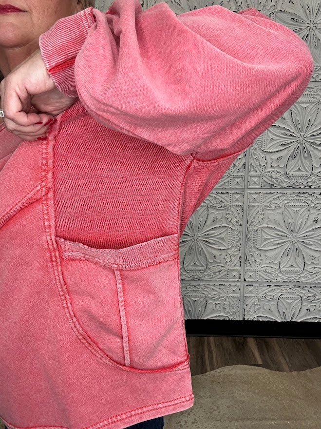 Washed V-Neck Terry Pullover with Pockets