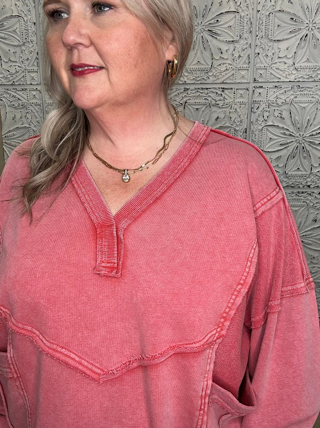Washed V-Neck Terry Pullover with Pockets