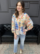 watercolor floral blouse, multicolor floral top, scalloped hem blouse, boutique floral blouse, raglan sleeve floral top, spring floral blouse