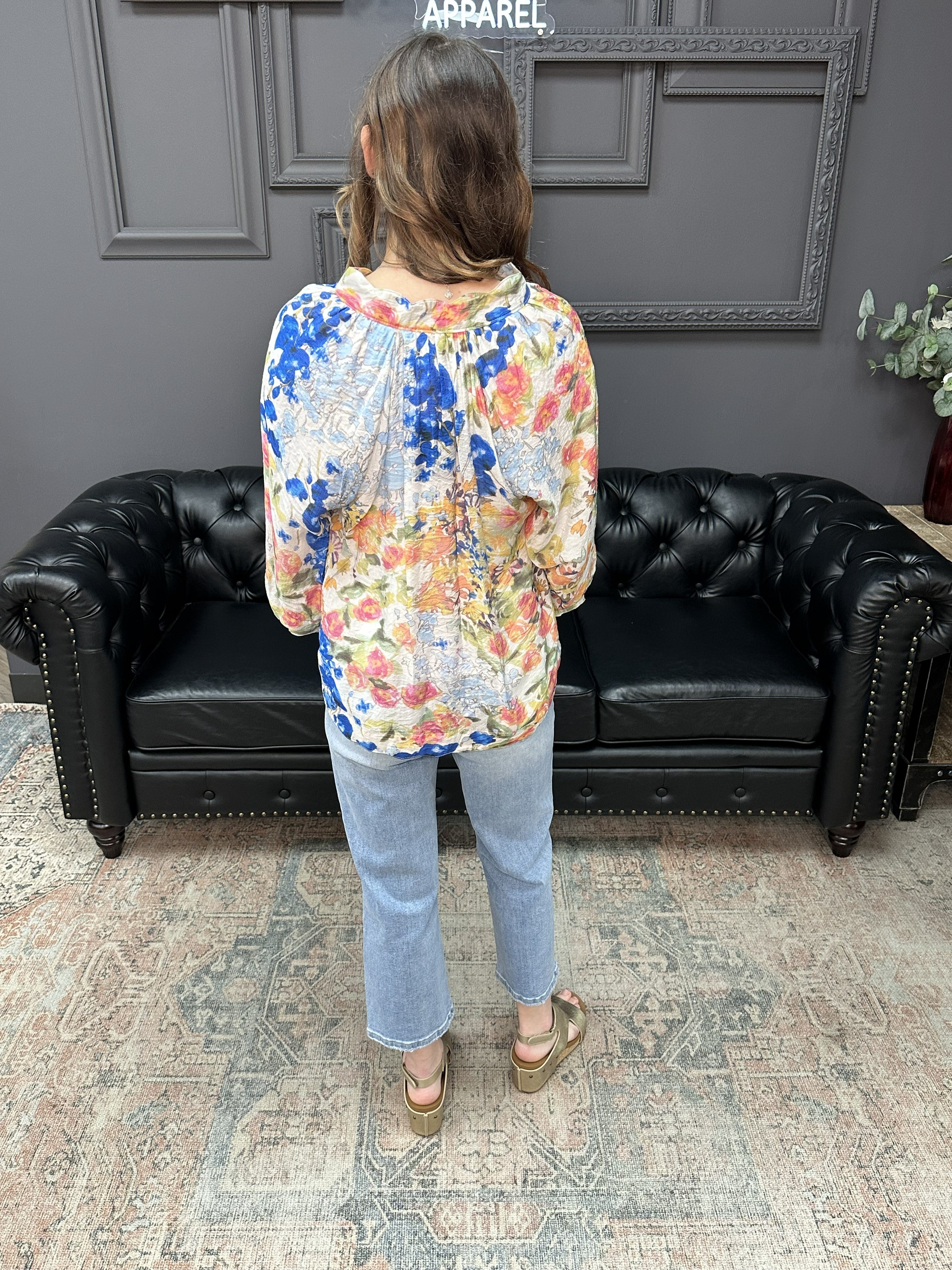 watercolor floral blouse, multicolor floral top, scalloped hem blouse, boutique floral blouse, raglan sleeve floral top, spring floral blouse
