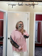 leopard trim top, striped button down blouse, oversized statement top, mixed print blouse, women’s boutique tops, bold contrast blouse