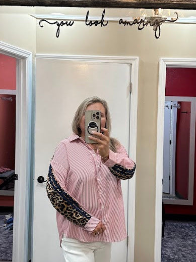 leopard trim top, striped button down blouse, oversized statement top, mixed print blouse, women’s boutique tops, bold contrast blouse