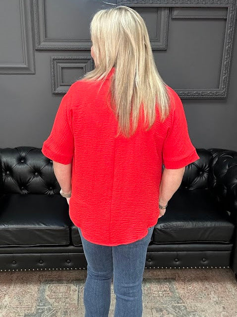 Woven Airflow Collared V-Neck Short Sleeve Top