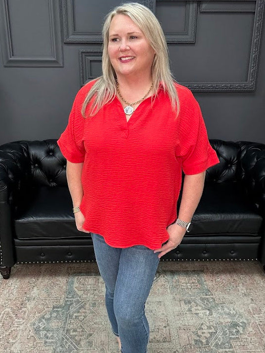 Woven Airflow Collared V-Neck Short Sleeve Top