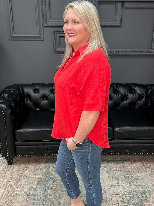 Woven Airflow Collared V-Neck Short Sleeve Top