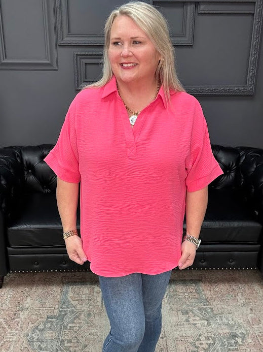 Woven Airflow Collared V-Neck Short Sleeve Top