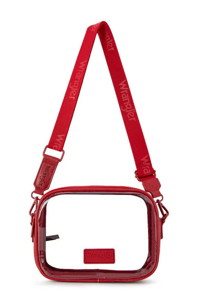 Red crossbody bag with clear front pocket on a white background