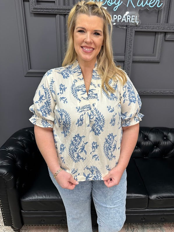 vine print blouse, ruffle trim blouse, 3/4 sleeve blouse, women’s floral top, boutique blouse, everyday blouse, Gypsy River Apparel