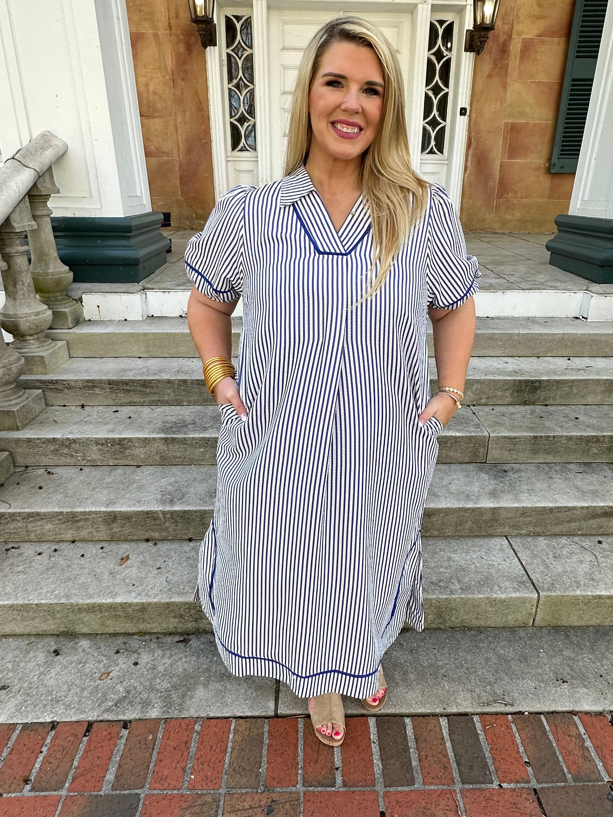 curvy striped midi dress, plus size striped dress, striped dress with pockets, boutique curvy dress, cotton blend midi dress, casual curvy dress
