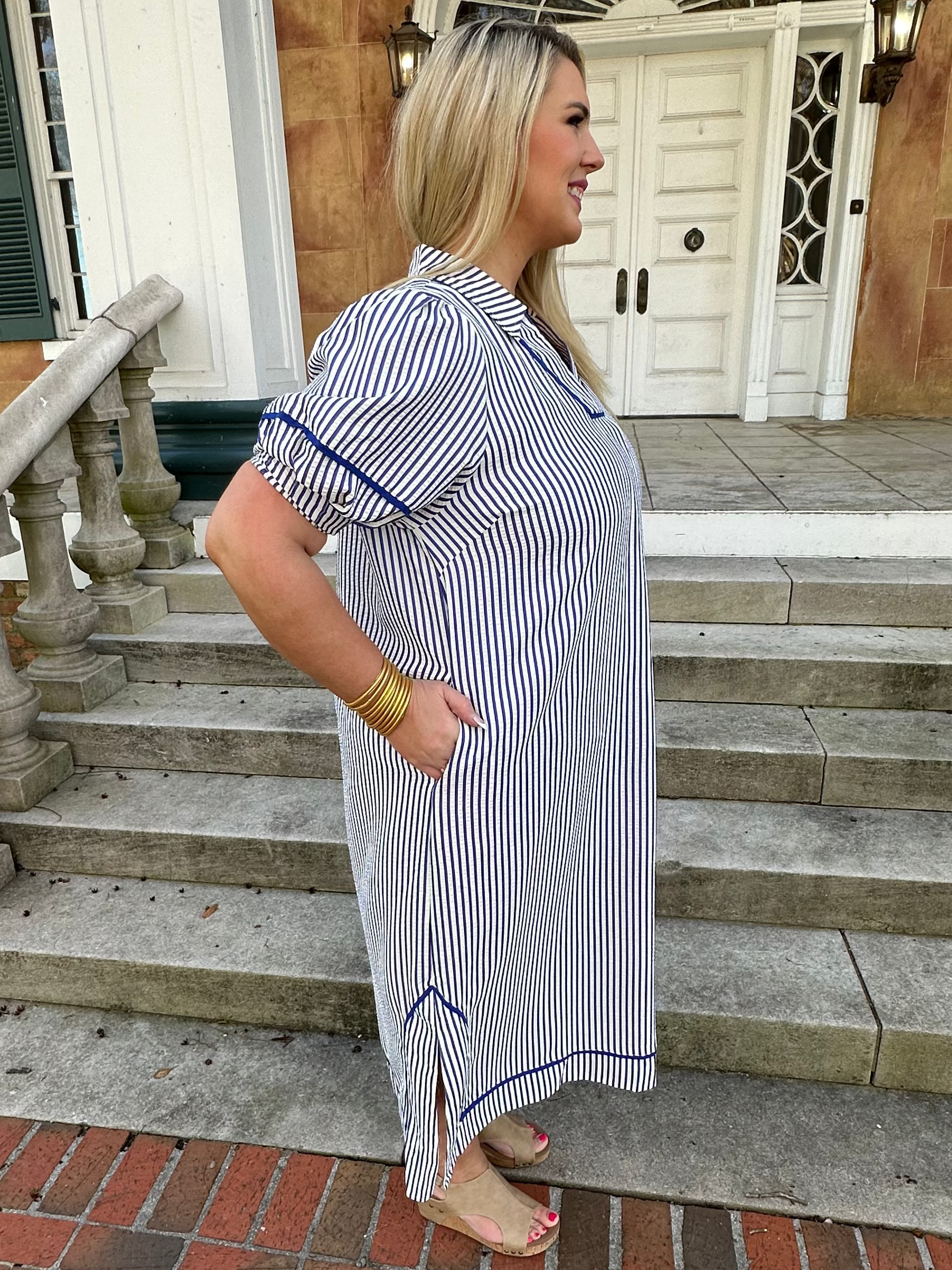 curvy striped midi dress, plus size striped dress, striped dress with pockets, boutique curvy dress, cotton blend midi dress, casual curvy dress