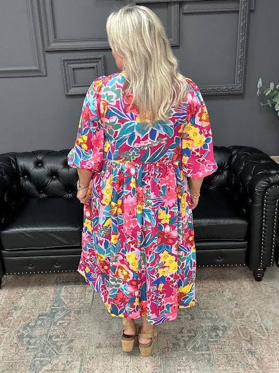 floral peasant dress, boutique floral dress, puff sleeve dress, v notch dress, women’s floral dress, casual midi dress