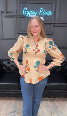 floral smocked top, botanical print blouse, ruffle shoulder blouse, cotton floral top, plus size floral blouse, lightweight woven top, 3/4 sleeve floral shirt