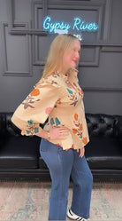 floral smocked top, botanical print blouse, ruffle shoulder blouse, cotton floral top, plus size floral blouse, lightweight woven top, 3/4 sleeve floral shirt